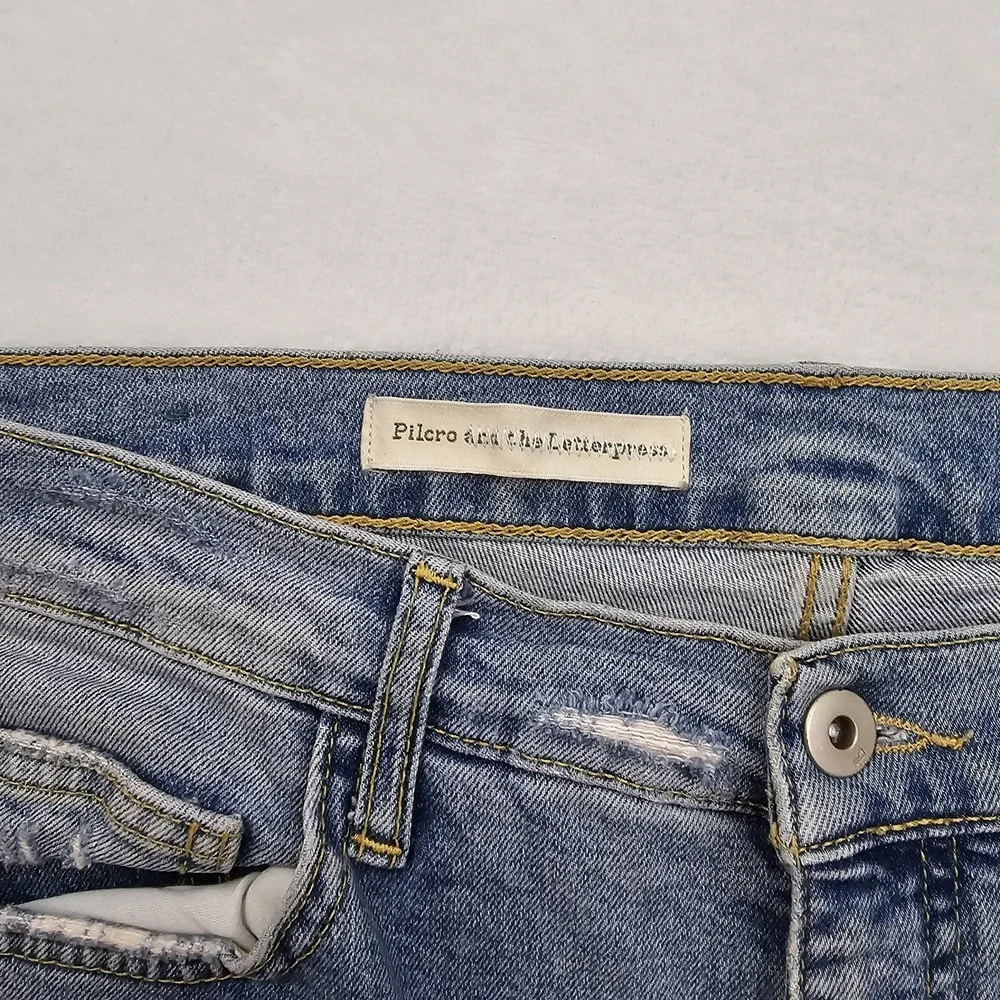 Anthropologie Pilcro Slim Straight‎ Jeans Womens 34W 28L Raw Hem Lace Up Denim